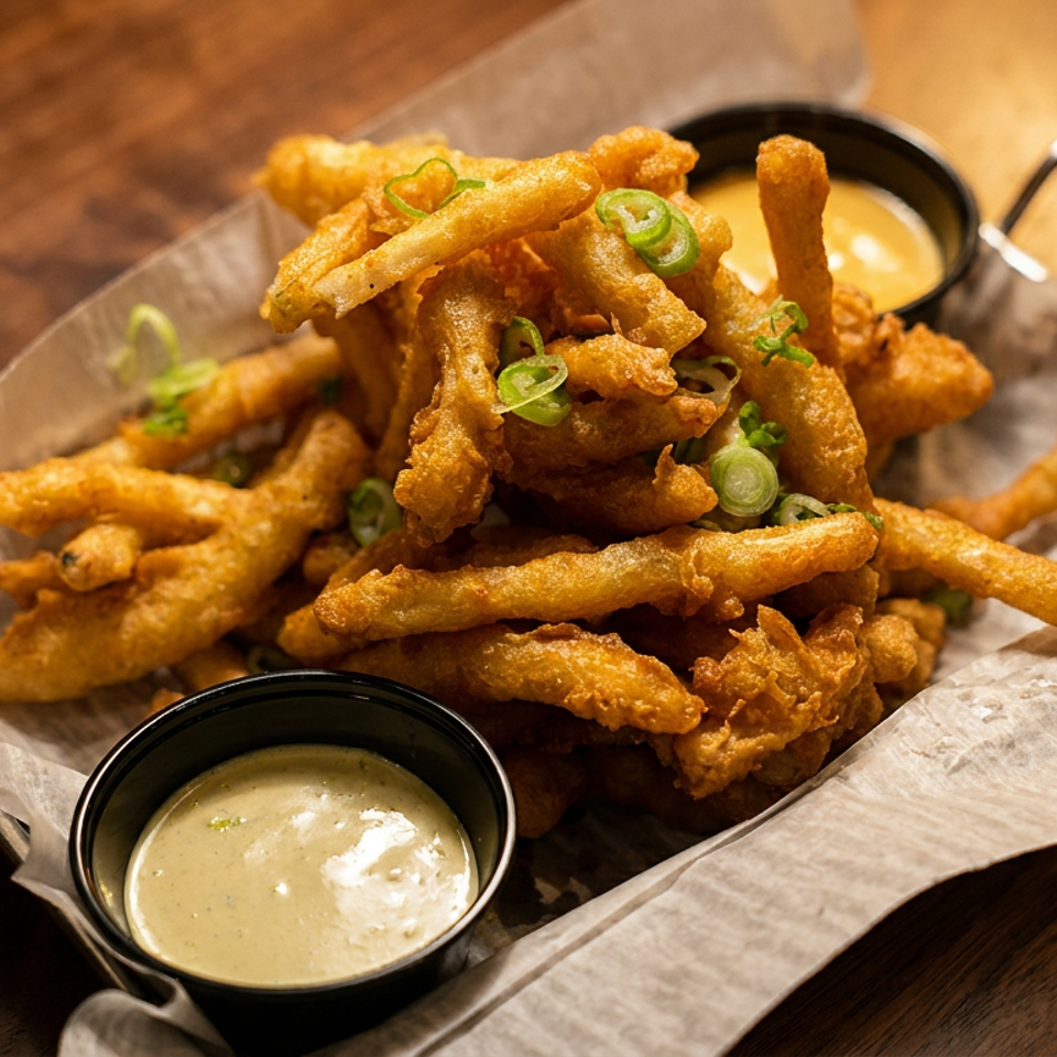 Crispy golden fries topped with green onions, served in a basket with two dipping sauces.