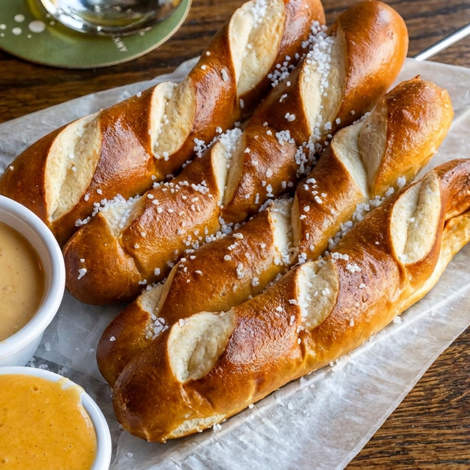 Four salted pretzel sticks with two small bowls of cheese dipping sauce on a wooden table.