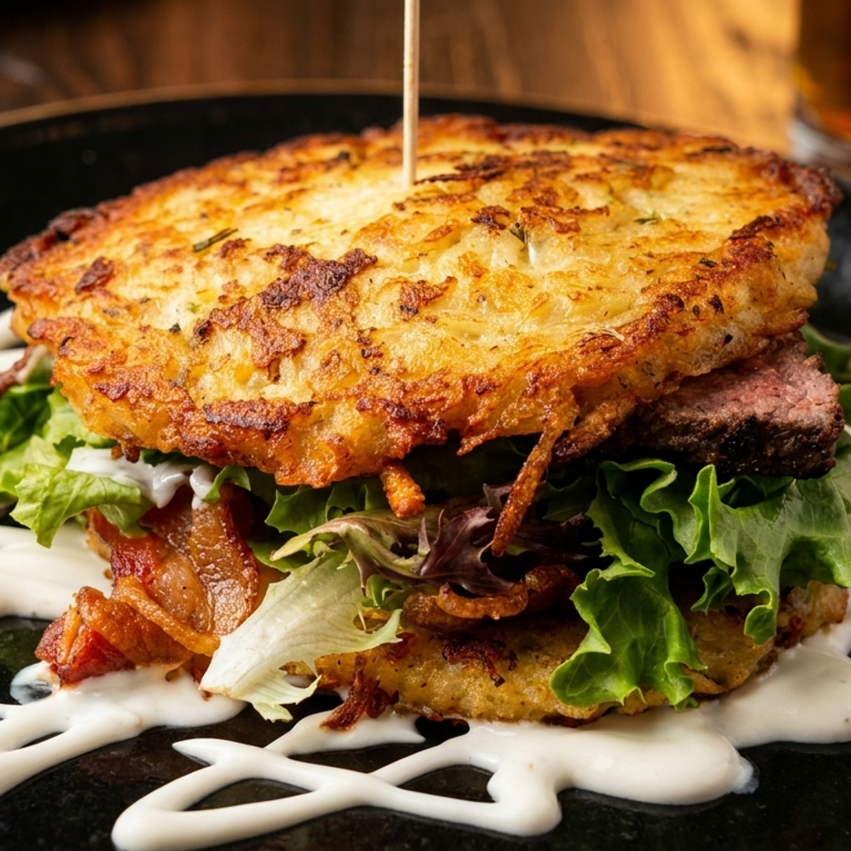 Savory burger with crispy potato latke buns, steak, lettuce, bacon, and white sauce on a dark plate.
