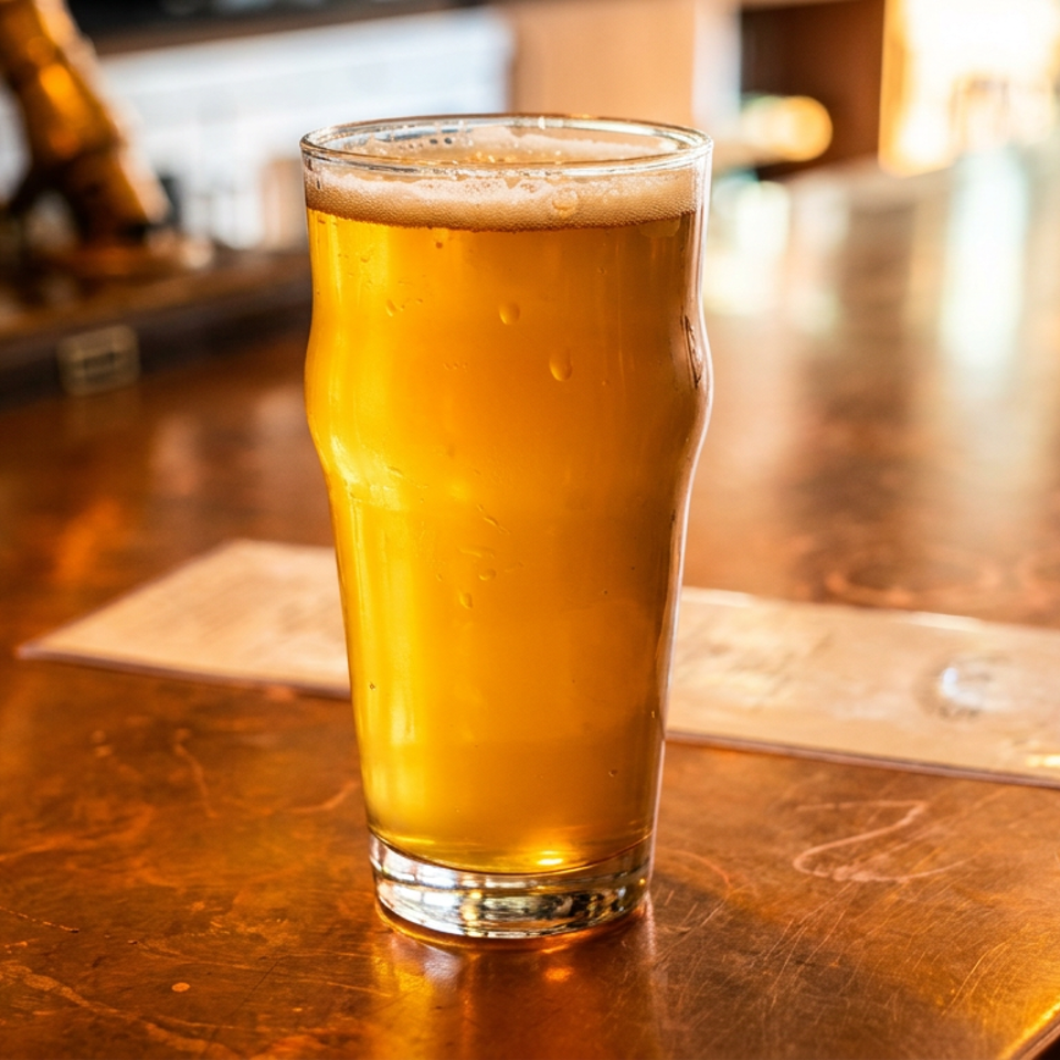 A full glass of golden beer with a foamy head sits on a rustic copper bar.