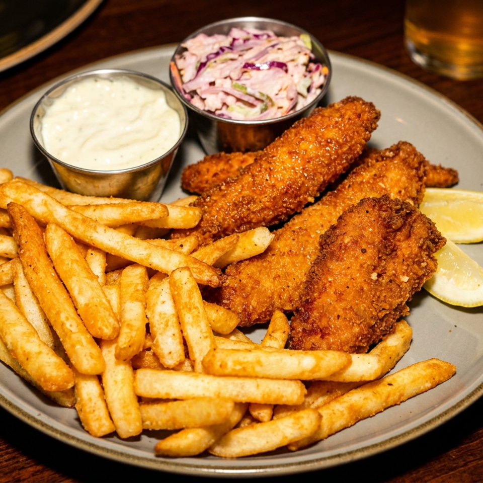A plate of golden-brown fish and chips with tartar sauce, coleslaw, and lemon wedges.