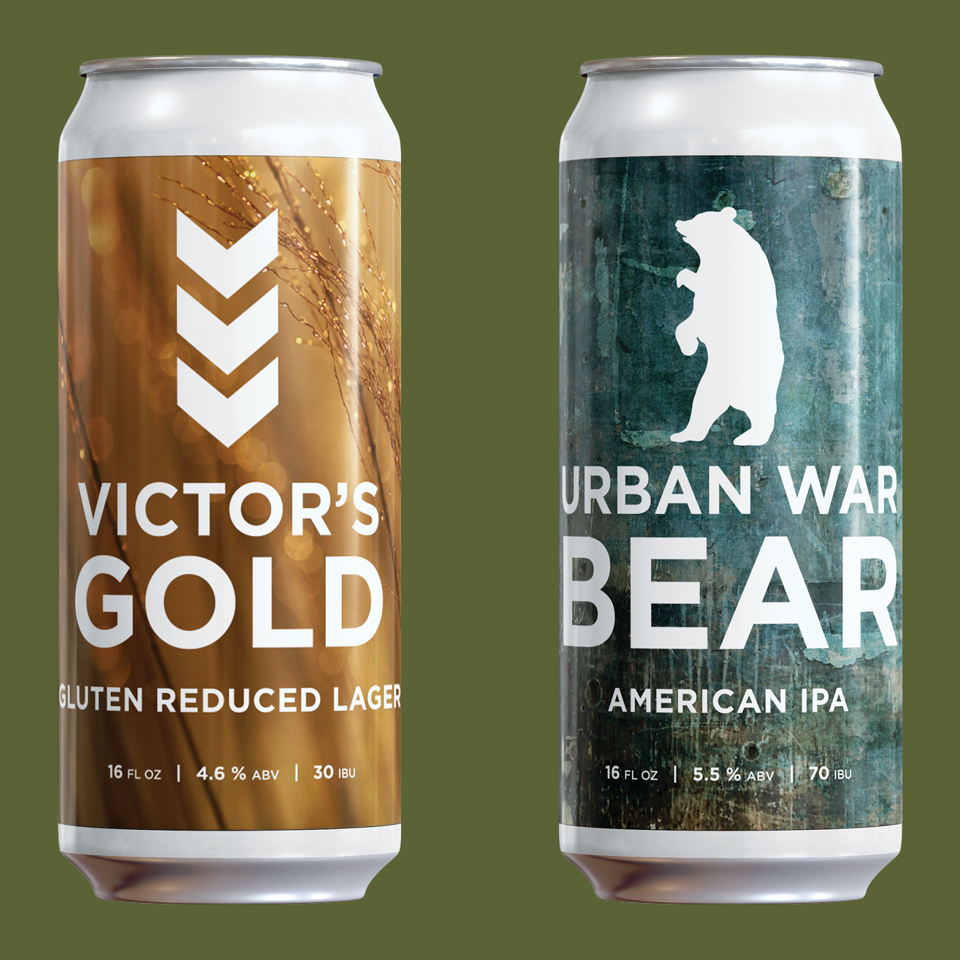 Row of craft beer cans featuring Bear Paw Porter, Princes of Maine IPA, Victor’s Gold lager, and Urban War Bear IPA.