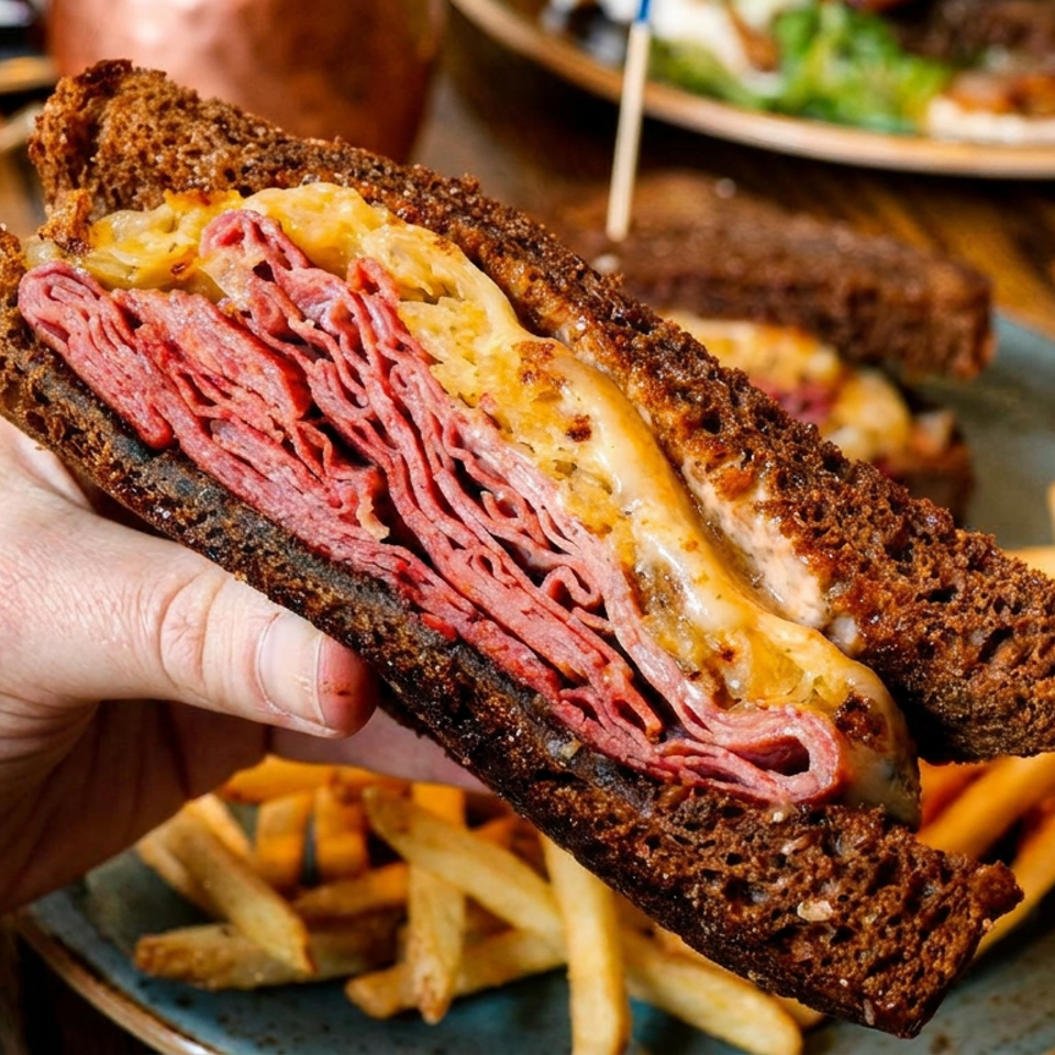Hand holding a reuben sandwich with corned beef, sauerkraut, and melted cheese on rye bread, with fries.