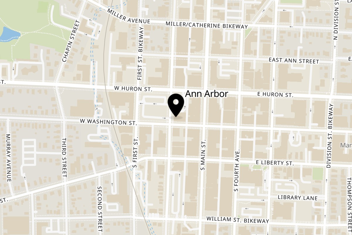 Map showing the location of Grizzly Peak Brewing Company on 120 W Washington St in Ann Arbor